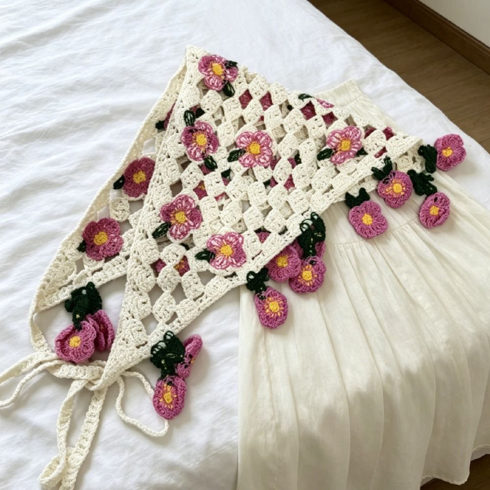 Headband Summer Knit - ที่คาดผมถักลายดอกไม้หวานๆ สไตล์ชนบทฝรั่งเศส ผ้าโพกหัวทรงสามเหลี่ยม โบฮีเมียน ผ้าพันผมผู้หญิง สำหรับฤดูร้อน