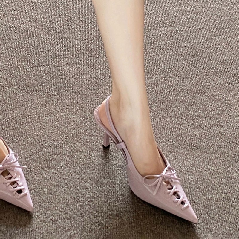 Sandal Strappy Heeled - รองเท้าส้นสูงแบบยุโรป ปลายแหลม ส้นเรียว ประดับโบว์ สายรัดข้อเท้า สำหรับผู้หญิง