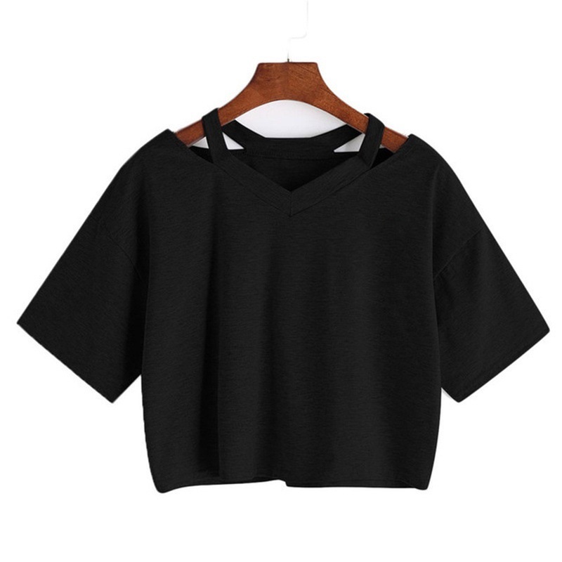 Blouse Off Shoulder - เสื้อยืดคอวีแขนสั้นของผู้หญิงทรงหลวมสีพื้นเซ็กซี่เปิดไหล่สีพื้นยุโรปและอเมริกัน