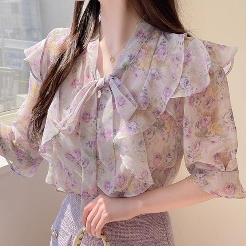 ดอกไม้ Bowknot ชีฟองผู้หญิงแขน - Romper Floral Print บทวิจารณ์และราคา