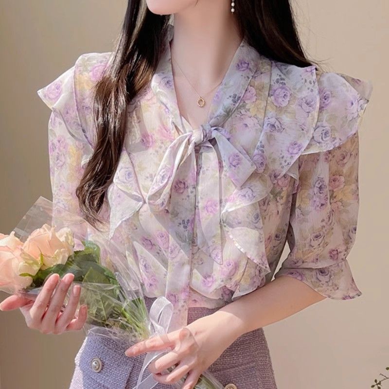 ดอกไม้ Bowknot ชีฟองผู้หญิงแขน - Romper Floral Print บทวิจารณ์และราคา