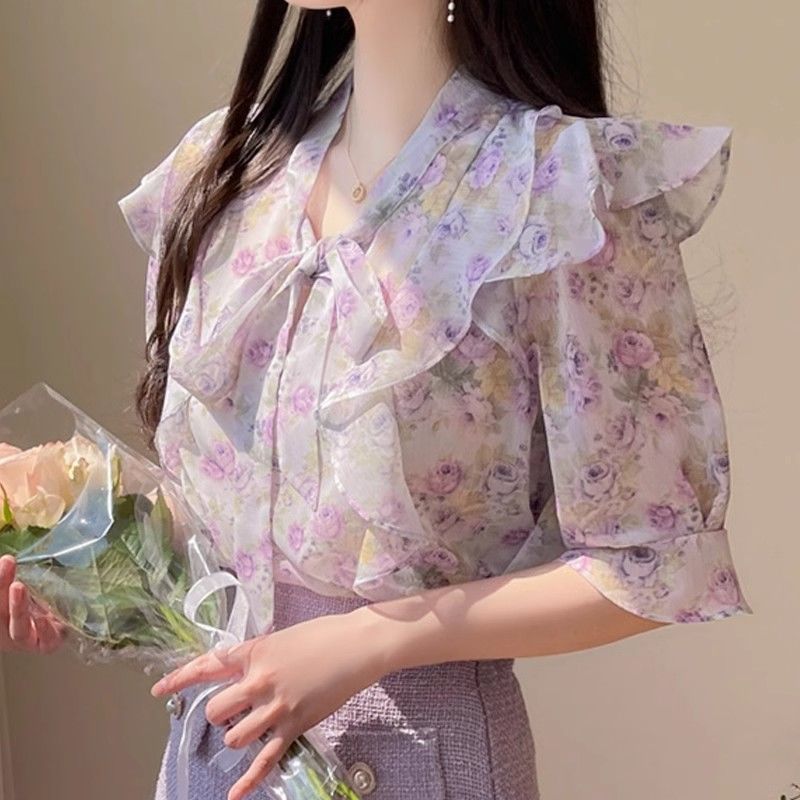 ดอกไม้ Bowknot ชีฟองผู้หญิงแขน - Romper Floral Print บทวิจารณ์และราคา