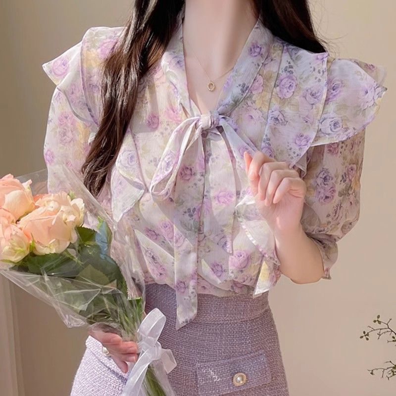 ดอกไม้ Bowknot ชีฟองผู้หญิงแขน - Romper Floral Print บทวิจารณ์และราคา